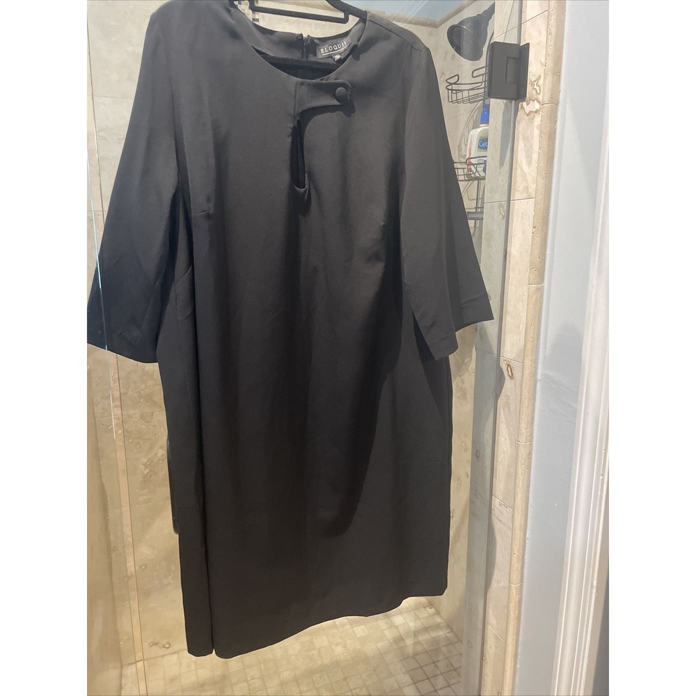 Eloquii Womens Sz 20 Cutout Button Front Black Sheath Dress 3/4 Sleeve Knee